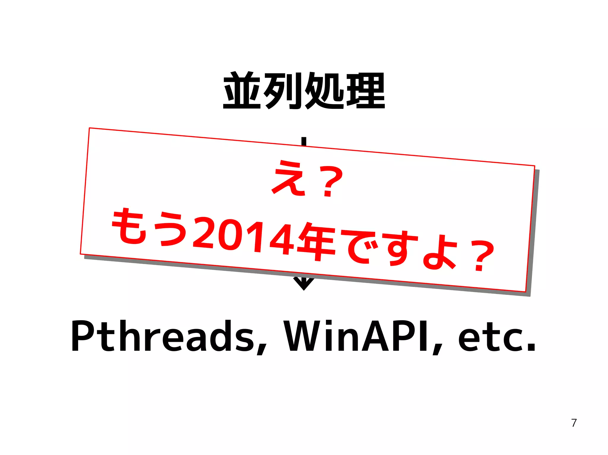 並列処理
↓
マルチスレッド
↓
Pthreads, WinAPI, etc.
7

 