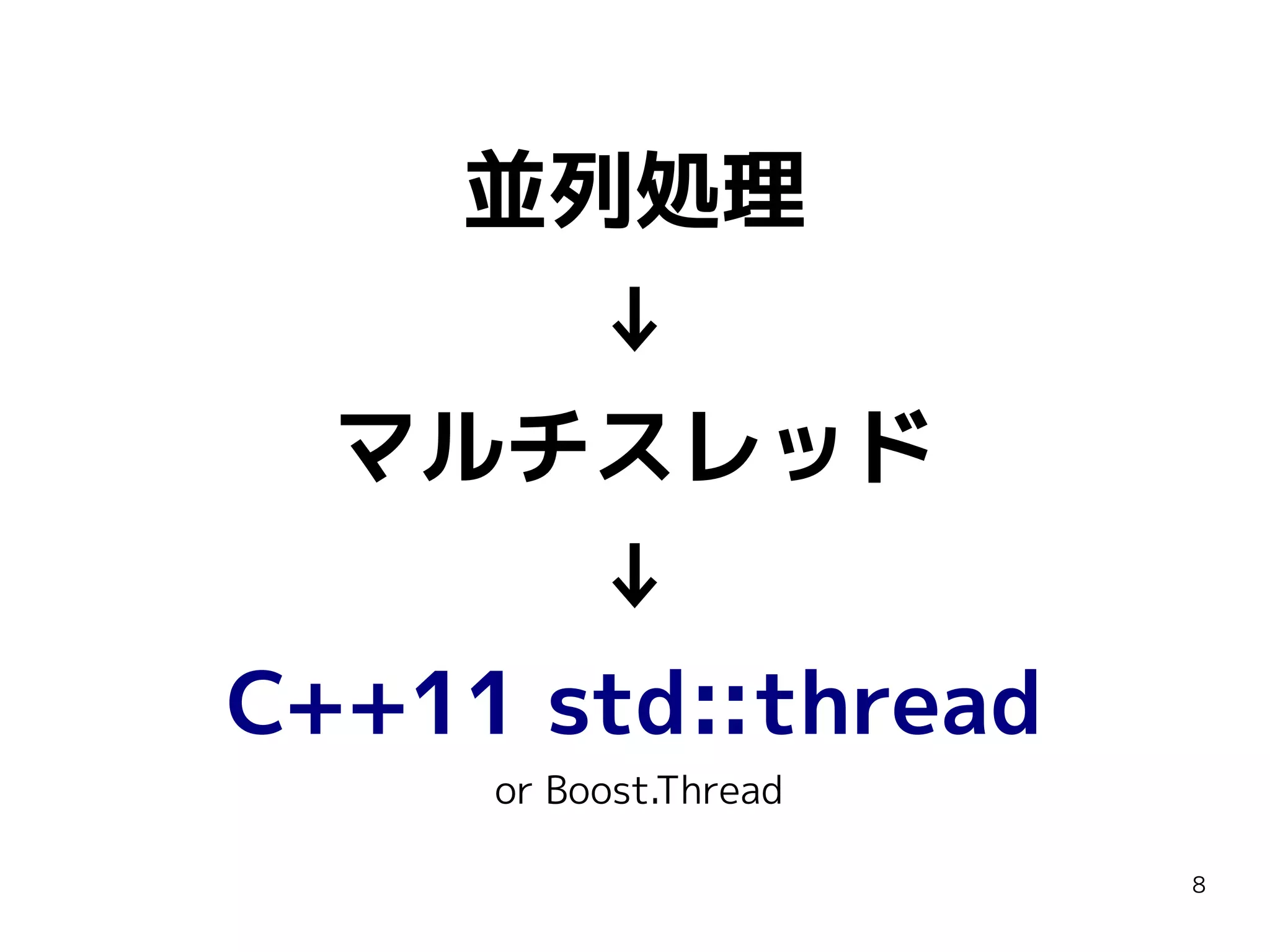 並列処理
↓
マルチスレッド
↓
C++11 std::thread
or Boost.Thread
8

 