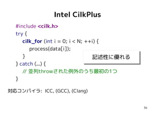 Intel CilkPlus
#include <cilk.h>
try {
cilk_for (int i = 0; i < N; ++i) {
process(data[i]);
}
記述性に優れる
記述性に優れる
} catch (...) {
// 並列throwされた例外のうち最初の1つ
}
対応コンパイラ: ICC, (GCC), (Clang)

36

 