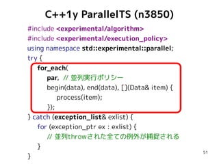 C++1y ParallelTS (n3850)
#include <experimental/algorithm>
#include <experimental/execution_policy>
using namespace std::experimental::parallel;
try {
for_each(
par, // 並列実行ポリシー
begin(data), end(data), [](Data& item) {
process(item);
});
} catch (exception_list& exlist) {
for (exception_ptr ex : exlist) {
// 並列throwされた全ての例外が捕捉される
}
}

51

 