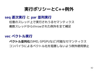 実行ポリシーとC++例外
seq 逐次実行 と par 並列実行
任意のスレッド上で実行されうるセマンティクス
複数スレッドからthrowされた例外を全て補足

vec ベクトル実行
ベクトル並列化(SIMD, GPGPUなど)可能なセマンティクス
コンパイラによるベクトル化を阻害しないよう例外使用禁止

62

 