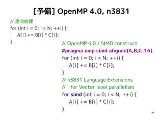 [予備] OpenMP 4.0, n3831
// 逐次処理
for (int i = 0; i < N; ++i) {
A[i] += B[i] * C[i];
}
// OpenMP 4.0 / SIMD construct

#pragma omp simd aligned(A,B,C:16)
for (int i = 0; i < N; ++i) {
A[i] += B[i] * C[i];
}
// n3831 Language Extensions
// for Vector level parallelism
for simd (int i = 0; i < N; ++i) {
A[i] += B[i] * C[i];
}

71

 