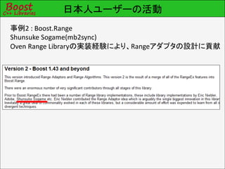 日本人ユーザーの活動
事例2 : Boost.Range
Shunsuke Sogame(mb2sync)
Oven Range Libraryの実装経験により、Rangeアダプタの設計に貢献
 