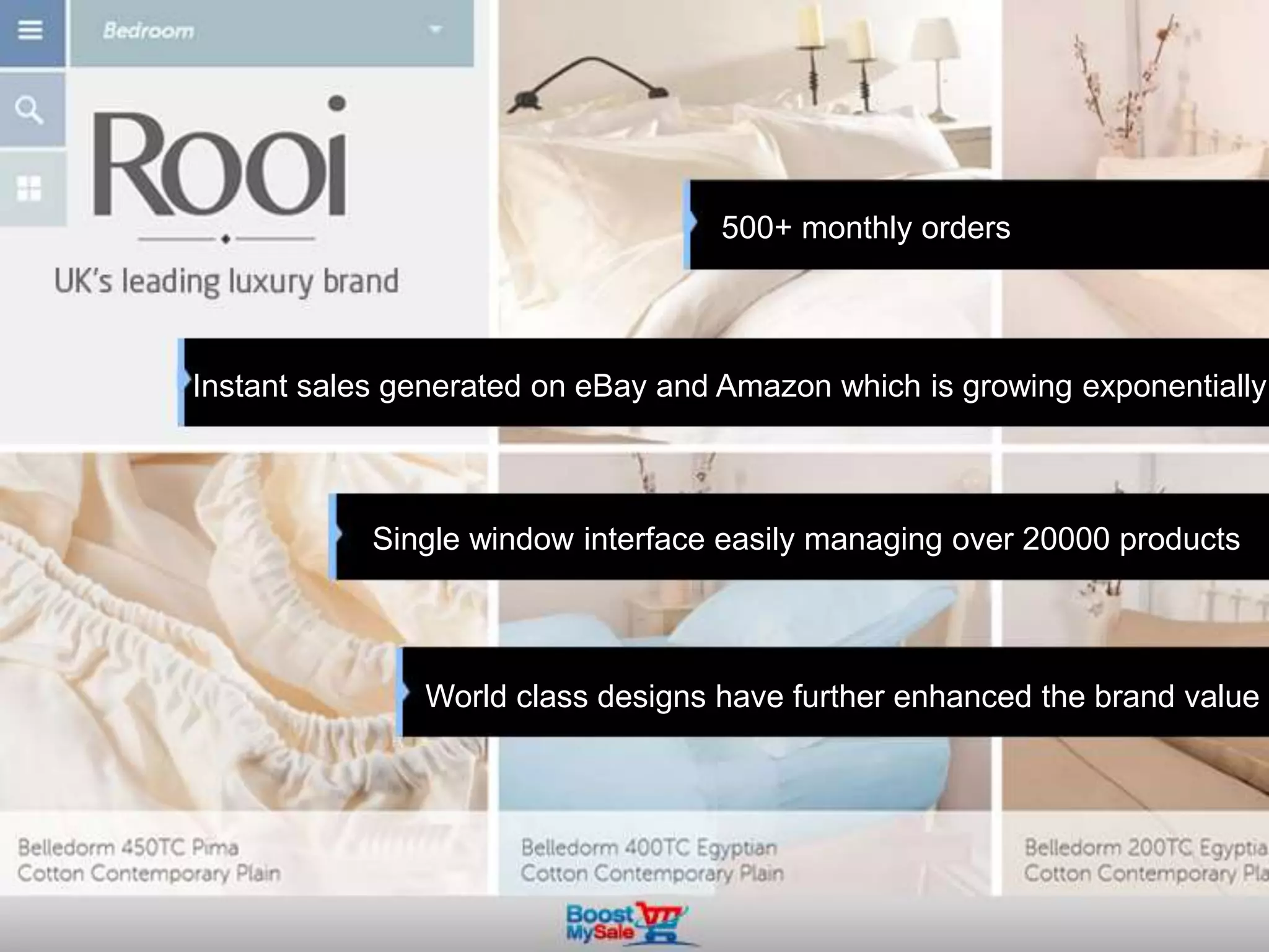 500+ monthly orders
Instant sales generated on eBay and Amazon which is growing exponentially
Single window interface easily managing over 20000 products
World class designs have further enhanced the brand value
 