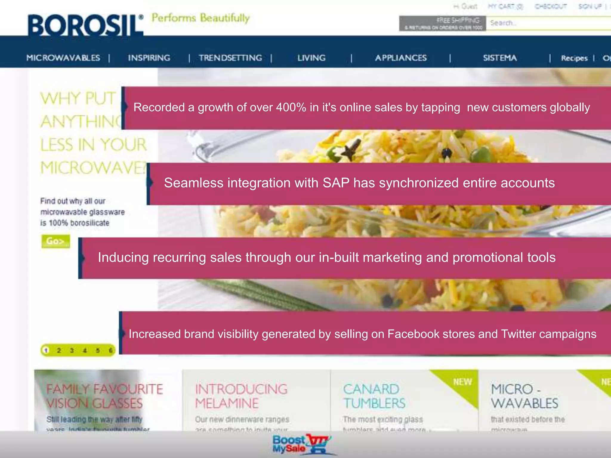 Recorded a growth of over 400% in it's online sales by tapping new customers globally
Seamless integration with SAP has synchronized entire accounts
Inducing recurring sales through our in-built marketing and promotional tools
Increased brand visibility generated by selling on Facebook stores and Twitter campaigns
 