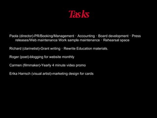 Tasks Paola  (director)- PR/Booking/Management ･ Accounting ･ Board development ･ Press releases/Web maintenance Work sample  m aintenance ･ Rehearsal space Richard (clarinetist) - Grant writing ･ Rewrite Education materials. Roger (poet)-blogging for website monthly Carmen  (filmmaker)- Yearly 4 minute video promo Erika Harrsch (visual artist)-marketing design for cards 