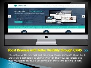 The nature of the Internet and the many changes brought about by it
and related technologies ultimately mean that your customers and
your marketing team are spending a lot more time talking to each
other.
Boost Revenue with Better Visibility through CRMS
 