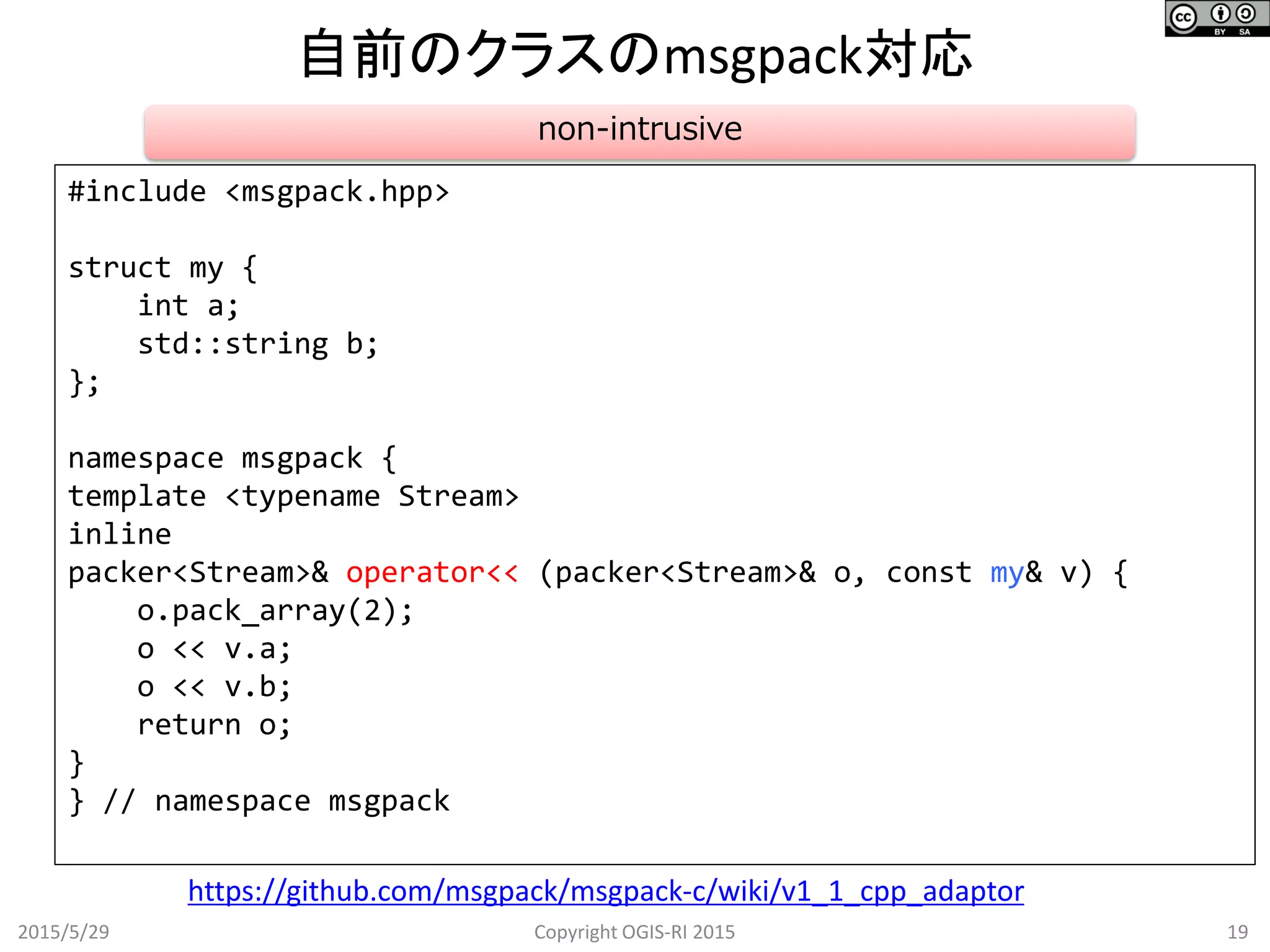 自前のクラスのmsgpack対応
2015/5/29 19Copyright OGIS-RI 2015
https://github.com/msgpack/msgpack-c/wiki/v1_1_cpp_adaptor
#include <msgpack.hpp>
struct my {
int a;
std::string b;
};
namespace msgpack {
template <typename Stream>
inline
packer<Stream>& operator<< (packer<Stream>& o, const my& v) {
o.pack_array(2);
o << v.a;
o << v.b;
return o;
}
} // namespace msgpack
non-intrusive
 