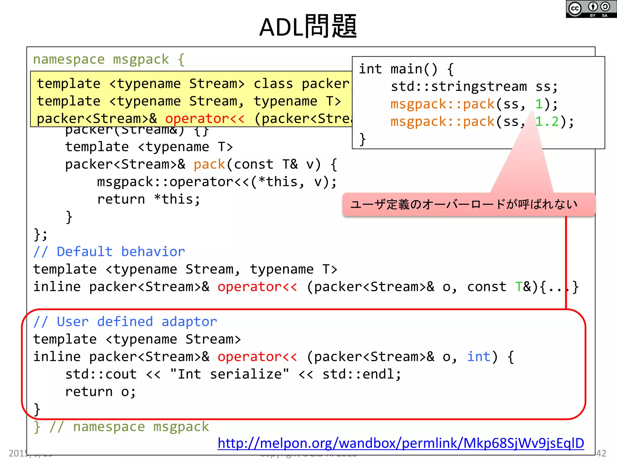 ADL問題
2015/5/29 42Copyright OGIS-RI 2015
namespace msgpack {
template <typename Stream>
class packer {
public:
packer(Stream&) {}
template <typename T>
packer<Stream>& pack(const T& v) {
msgpack::operator<<(*this, v);
return *this;
}
};
// Default behavior
template <typename Stream, typename T>
inline packer<Stream>& operator<< (packer<Stream>& o, const T&){...}
// User defined adaptor
template <typename Stream>
inline packer<Stream>& operator<< (packer<Stream>& o, int) {
std::cout << "Int serialize" << std::endl;
return o;
}
} // namespace msgpack
http://melpon.org/wandbox/permlink/Mkp68SjWv9jsEqlD
template <typename Stream> class packer;
template <typename Stream, typename T>
packer<Stream>& operator<< (packer<Stream>& o, const T&);
int main() {
std::stringstream ss;
msgpack::pack(ss, 1);
msgpack::pack(ss, 1.2);
}
ユーザ定義のオーバーロードが呼ばれない
 