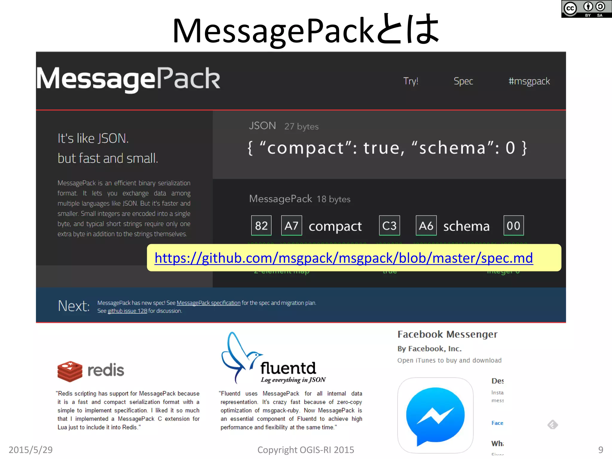 2015/5/29 Copyright OGIS-RI 2015 9
MessagePackとは
https://github.com/msgpack/msgpack/blob/master/spec.md
 