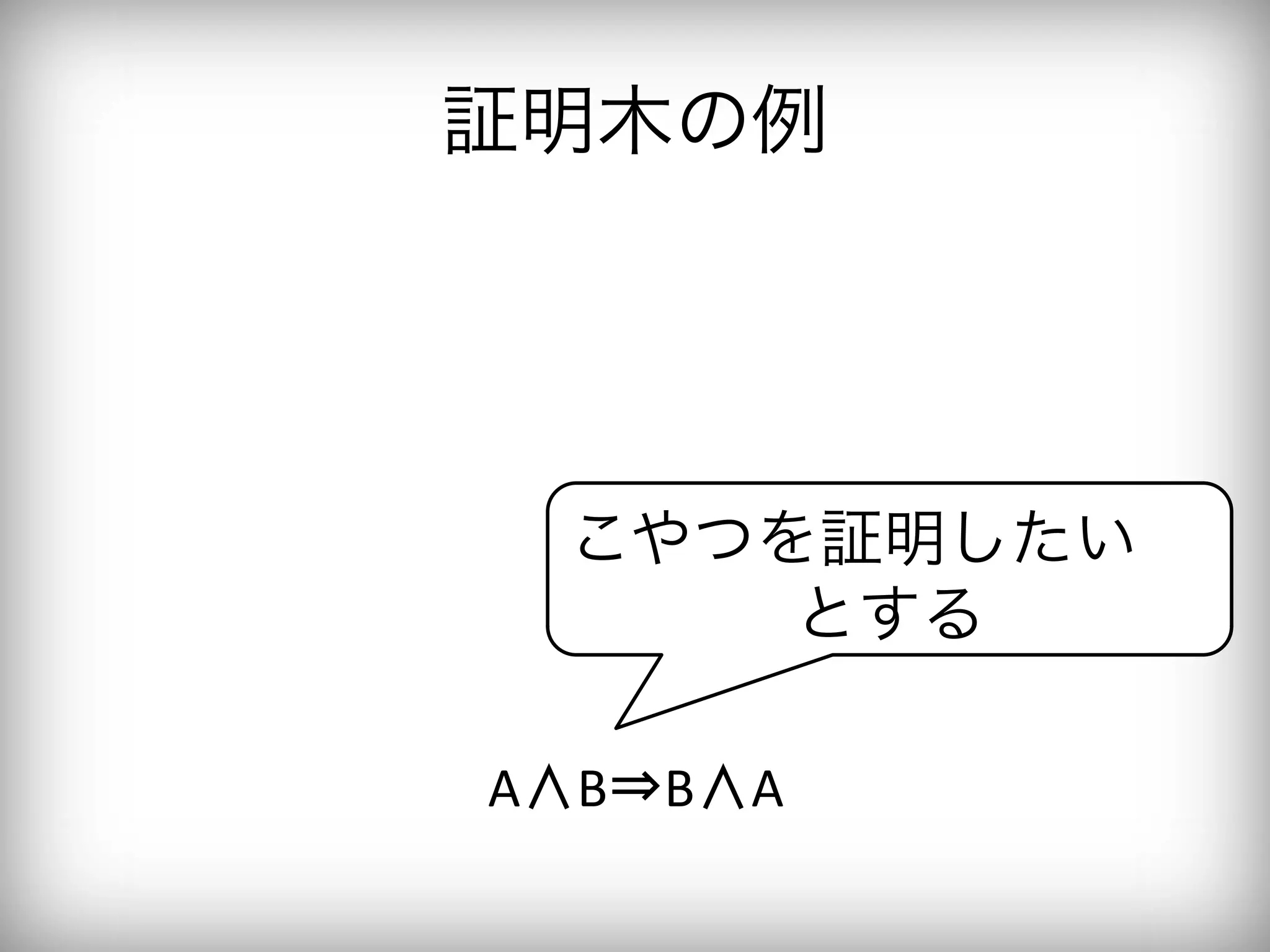 証明木の例




  こやつを証明したい
      とする

A∧B⇒B∧A	
 