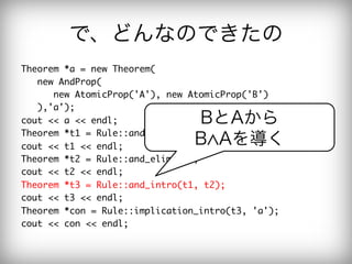 で、どんなのできたの
Theorem	 *a	 =	 new	 Theorem(

	 	 	 new	 AndProp(

	 	 	 	 	 	 new	 AtomicProp('A'),	 new	 AtomicProp('B')

	 	 	 ),'a');

cout	 <<	 a	 <<	 endl;

             BとAから
Theorem	 *t1	 =	 Rule::and_elim2(a);

cout	 <<	 t1	 <<	 endl;

            B Aを導く
Theorem	 *t2	 =	 Rule::and_elim1(a);

cout	 <<	 t2	 <<	 endl;

Theorem	 *t3	 =	 Rule::and_intro(t1,	 t2);

cout	 <<	 t3	 <<	 endl;

Theorem	 *con	 =	 Rule::implication_intro(t3,	 'a');

cout	 <<	 con	 <<	 endl;

 