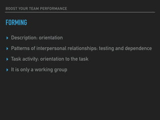 BOOST YOUR TEAM PERFORMANCE
FORMING
▸ Description: orientation
▸ Patterns of interpersonal relationships: testing and dependence
▸ Task activity: orientation to the task
▸ It is only a working group
 