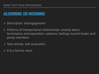 BOOST YOUR TEAM PERFORMANCE
ADJOURNING (OR MOURNING)
▸ Description: disengagement
▸ Patterns of interpersonal relationships: anxiety about
termination and separation; sadness; feelings toward leader and
group members
▸ Task activity: self-evaluation
▸ It is a former team
 
