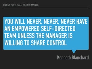YOU WILL NEVER, NEVER, NEVER HAVE
AN EMPOWERED SELF-DIRECTED
TEAM UNLESS THE MANAGER IS
WILLING TO SHARE CONTROL
Kenneth Blanchard
BOOST YOUR TEAM PERFORMANCE
 