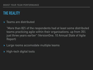 BOOST YOUR TEAM PERFORMANCE
THE REALITY
▸ Teams are distributed
"More than 82% of the respondents had at least some distributed
teams practicing agile within their organisations, up from 35%
just three years earlier“ (VersionOne, 10 Annual State of Agile
Report)
▸ Large rooms accomodate multiple teams
▸ High-tech digital tools
 