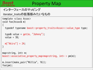 Property Map
インターフェースのマッピング
iterator_traitsの拡張版みたいなもの
template <class Assoc>
void foo(Assoc& m)
{
  typedef typename boost::property_traits<Assoc>::value_type type;

    type& value = get(m, "Johnny");
    value = 38;

    m["Akira"] = 24;
}

map<string, int> m;
boost::associative_property_map<map<string, int> > pm(m);

m.insert(make_pair("Millia", 16));
foo(pm);
 