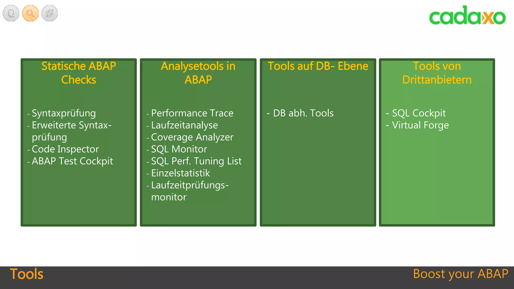 Tools Boost your ABAP
Statische ABAP
Checks
Analysetools in
ABAP
Tools auf DB- Ebene Tools von
Drittanbietern
- SQL Cockpit
- Virtual Forge
- Syntaxprüfung
- Erweiterte Syntax-
prüfung
- Code Inspector
- ABAP Test Cockpit
- DB abh. Tools- Performance Trace
- Laufzeitanalyse
- Coverage Analyzer
- SQL Monitor
- SQL Perf. Tuning List
- Einzelstatistik
- Laufzeitprüfungs-
monitor
 