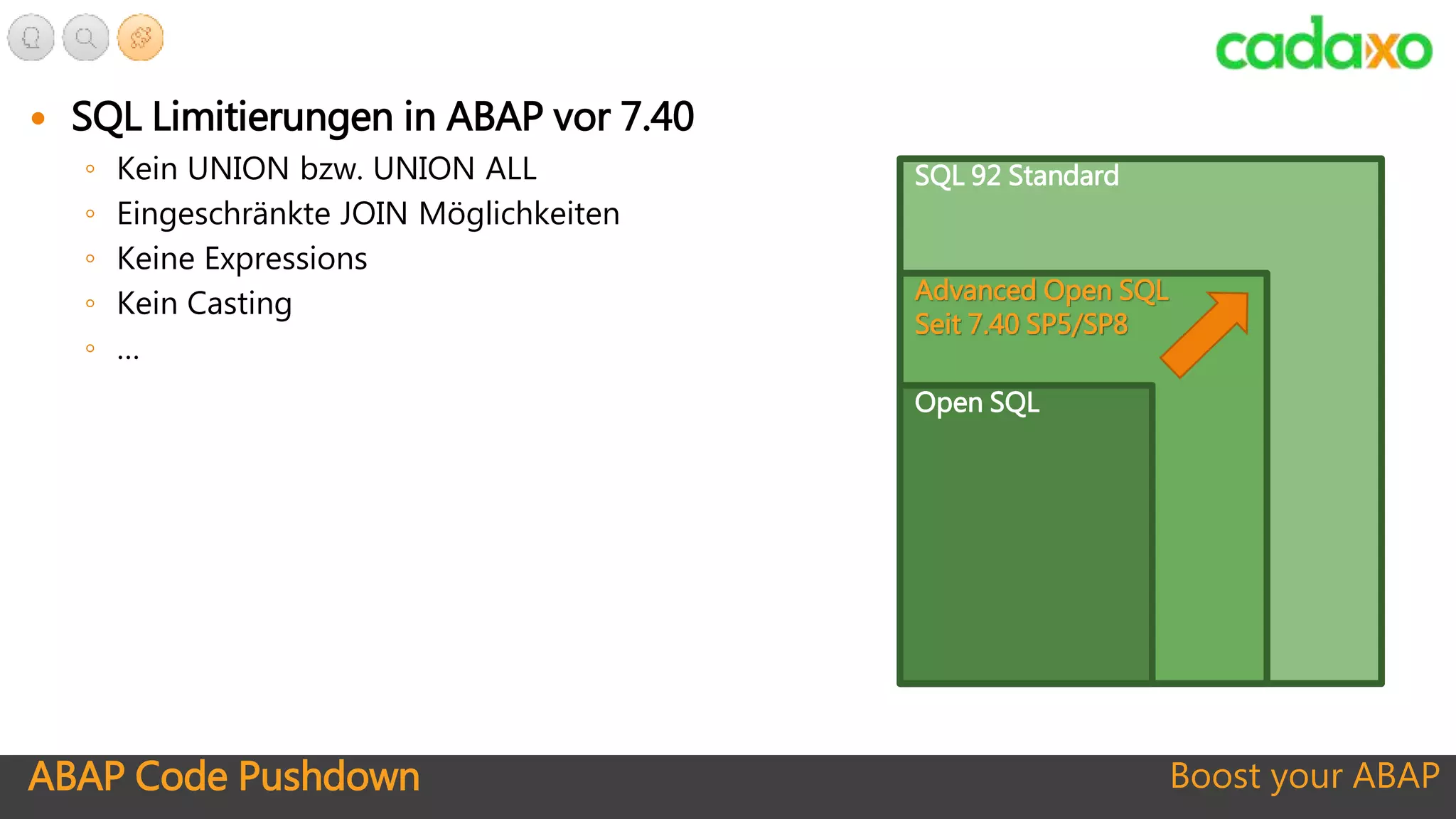 ABAP Code Pushdown Boost your ABAP
 SQL Limitierungen in ABAP vor 7.40
◦ Kein UNION bzw. UNION ALL
◦ Eingeschränkte JOIN Möglichkeiten
◦ Keine Expressions
◦ Kein Casting
◦ …
SQL 92 Standard
Advanced Open SQL
Seit 7.40 SP5/SP8
Open SQL
 