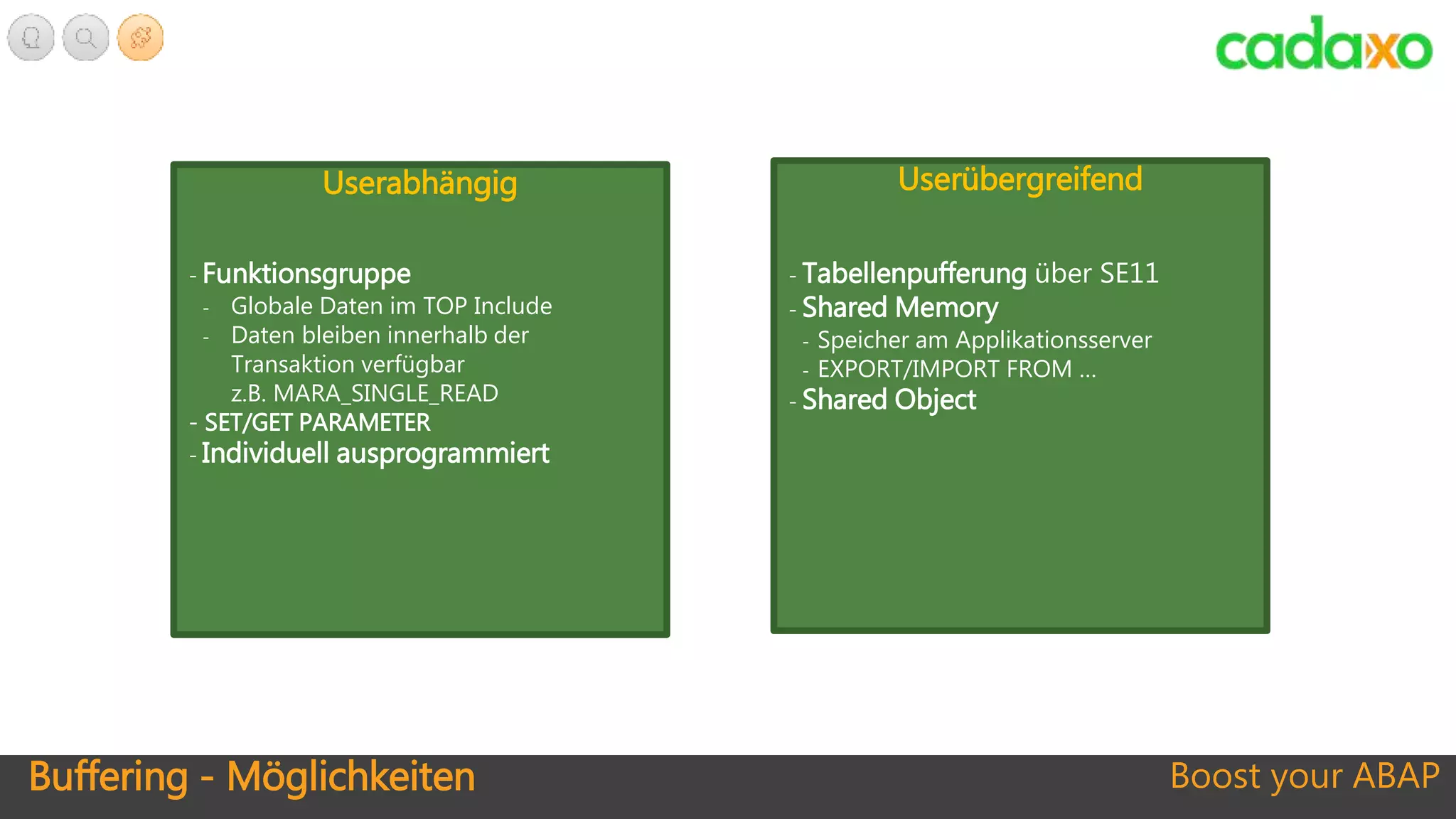 Buffering - Möglichkeiten Boost your ABAP
Userabhängig Userübergreifend
- Funktionsgruppe
- Globale Daten im TOP Include
- Daten bleiben innerhalb der
Transaktion verfügbar
z.B. MARA_SINGLE_READ
- SET/GET PARAMETER
- Individuell ausprogrammiert
- Tabellenpufferung über SE11
- Shared Memory
- Speicher am Applikationsserver
- EXPORT/IMPORT FROM …
- Shared Object
 