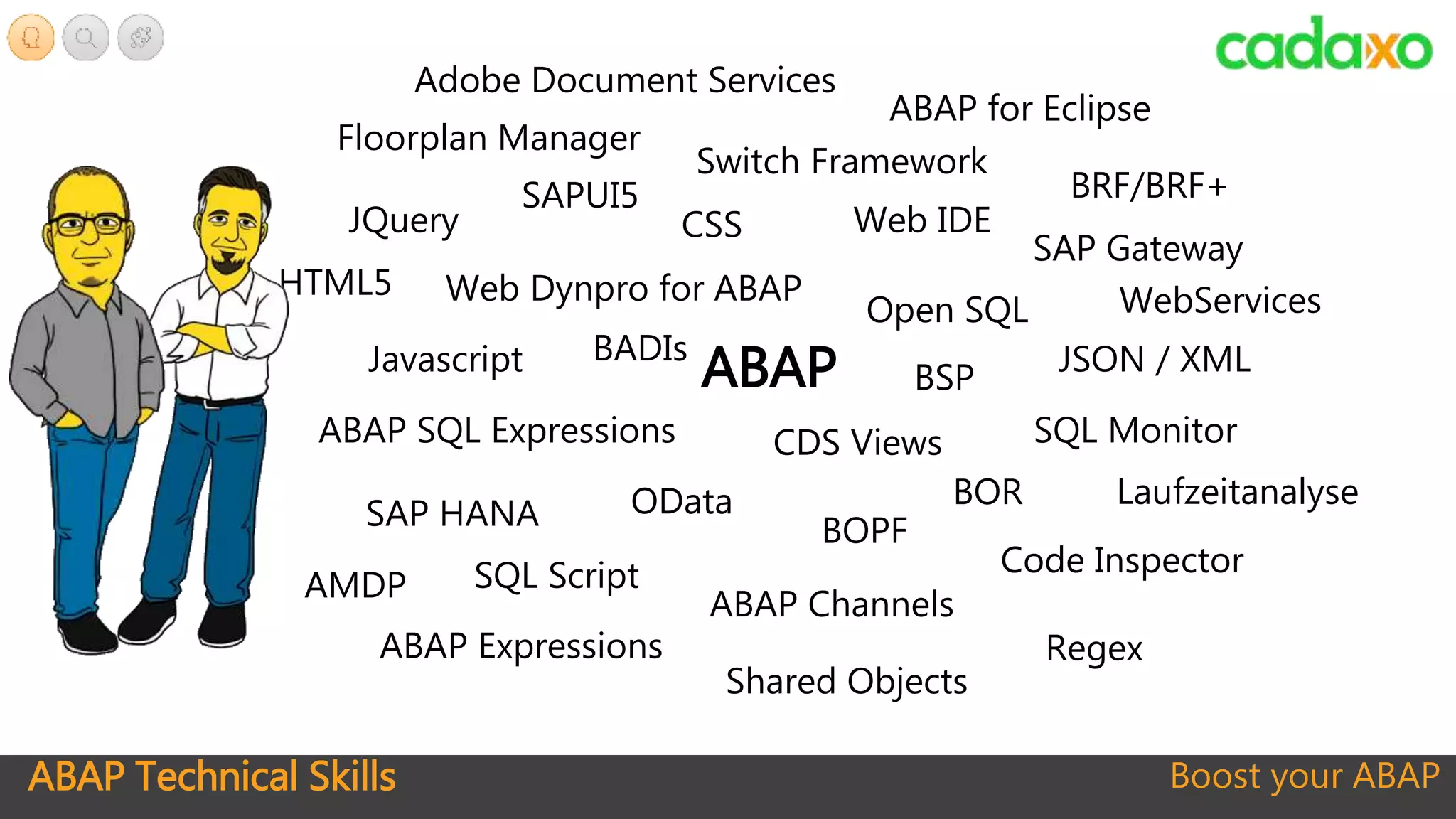 ABAP Technical Skills Boost your ABAP
ABAP JSON / XMLJavascript
HTML5
ODataSAP HANA
JQuery CSS Web IDE
ABAP for Eclipse
Web Dynpro for ABAP
Floorplan Manager
SQL Script
CDS Views
SAP Gateway
ABAP Channels
ABAP SQL Expressions SQL Monitor
Code Inspector
BOPF
AMDP
SAPUI5
Open SQL
RegexABAP Expressions
BOR Laufzeitanalyse
BRF/BRF+
Shared Objects
BADIs
Switch Framework
Adobe Document Services
BSP
WebServices
 
