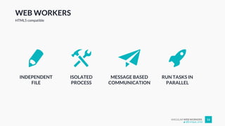 ANGULAR WEB WORKERS 16
WEB WORKERS
HTML5 compatible
INDEPENDENT
FILE
ISOLATED
PROCESS
MESSAGE BASED
COMMUNICATION
RUN TASKS IN
PARALLEL
@Enrique_oriol
 