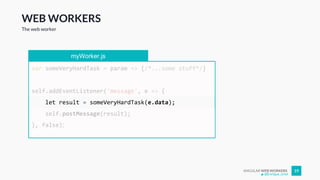 ANGULAR WEB WORKERS 19
WEB WORKERS
The web worker
myWorker.js
var someVeryHardTask = param => {/*...some stuff*/}
self.addEventListener('message', e => {
let result = someVeryHardTask(e.data);
self.postMessage(result);
}, false);
@Enrique_oriol
 