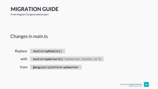 ANGULAR WEB WORKERS 46
Changes in main.ts
@Enrique_oriol
MIGRATION GUIDE
From Angular CLI generated project
bootstrapModule()Replace
bootstrapWorkerUi(‘webworker.bundle.js’)
@angular/platform-webworkerfrom
with
 