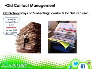 Old Contact ManagementOld School ways of “collecting” contacts for “future”use:I know his contact info is here ‘somewhere’- where did I put that???