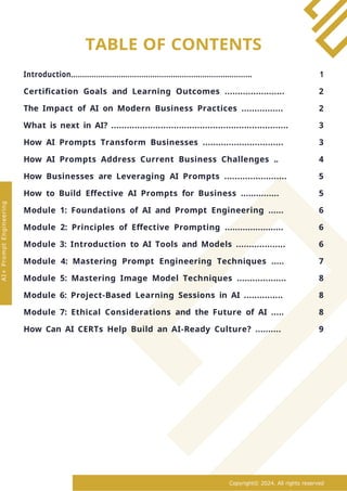 TABLE OF CONTENTS
Introduction................................................................................ 1
Certification Goals and Learning Outcomes ....................... 2
The Impact of AI on Modern Business Practices ................ 2
What is next in AI? .................................................................... 3
How AI Prompts Transform Businesses ............................... 3
How AI Prompts Address Current Business Challenges .. 4
How Businesses are Leveraging AI Prompts ........................ 5
How to Build Effective AI Prompts for Business ............... 5
Module 1: Foundations of AI and Prompt Engineering ...... 6
Module 2: Principles of Effective Prompting ....................... 6
Module 3: Introduction to AI Tools and Models ................... 6
Module 4: Mastering Prompt Engineering Techniques ..... 7
Module 5: Mastering Image Model Techniques ................... 8
Module 6: Project-Based Learning Sessions in AI ............... 8
Module 7: Ethical Considerations and the Future of AI ..... 8
How Can AI CERTs Help Build an AI-Ready Culture? .......... 9
Copyright© 2024. All rights reserved
AI+
Prompt
Engineering
 
