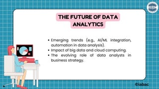 Emerging trends (e.g., AI/ML integration,
automation in data analysis).
Impact of big data and cloud computing.
The evolving role of data analysts in
business strategy.
THE FUTURE OF DATA
ANALYTICS
©iabac
 