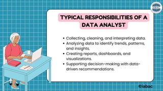 Collecting, cleaning, and interpreting data.
Analyzing data to identify trends, patterns,
and insights.
Creating reports, dashboards, and
visualizations.
Supporting decision-making with data-
driven recommendations.
TYPICAL RESPONSIBILITIES OF A
DATA ANALYST
©iabac
 