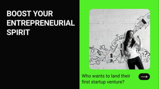 BOOST YOUR
ENTREPRENEURIAL
SPIRIT
Who wants to land their
first startup venture?
 