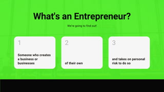 What's an Entrepreneur?
We're going to find out!
Someone who creates
a business or
businesses
1
of their own
2
and takes o...