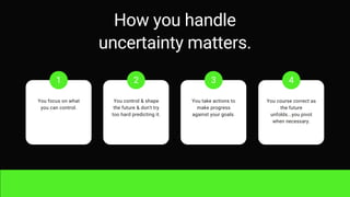 How you handle
uncertainty matters.
You focus on what
you can control.
1
You control & shape
the future & don't try
too ha...
