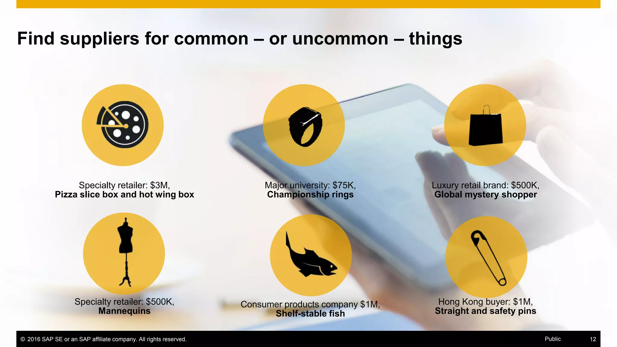 © 2016 SAP SE or an SAP affiliate company. All rights reserved. 12Public
Find suppliers for common – or uncommon – things
© 2016 SAP SE or an SAP affiliate company. All rights reserved. 12Public
Specialty retailer: $3M,
Pizza slice box and hot wing box
Major university: $75K,
Championship rings
Consumer products company $1M,
Shelf-stable fish
Specialty retailer: $500K,
Mannequins
Luxury retail brand: $500K,
Global mystery shopper
Hong Kong buyer: $1M,
Straight and safety pins
 