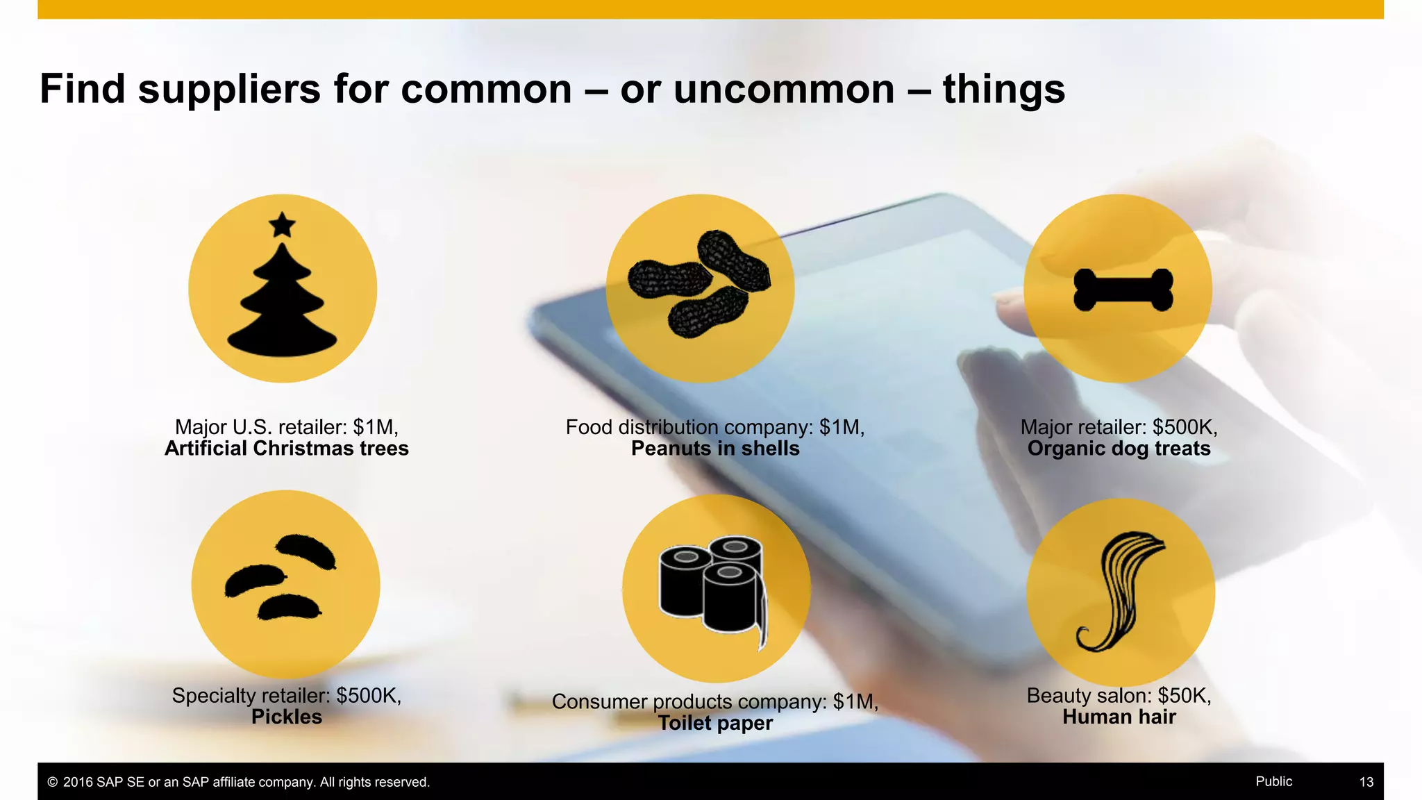 © 2016 SAP SE or an SAP affiliate company. All rights reserved. 13Public
Find suppliers for common – or uncommon – things
© 2016 SAP SE or an SAP affiliate company. All rights reserved. 13Public
Major U.S. retailer: $1M,
Artificial Christmas trees
Food distribution company: $1M,
Peanuts in shells
Consumer products company: $1M,
Toilet paper
Specialty retailer: $500K,
Pickles
Major retailer: $500K,
Organic dog treats
Beauty salon: $50K,
Human hair
 