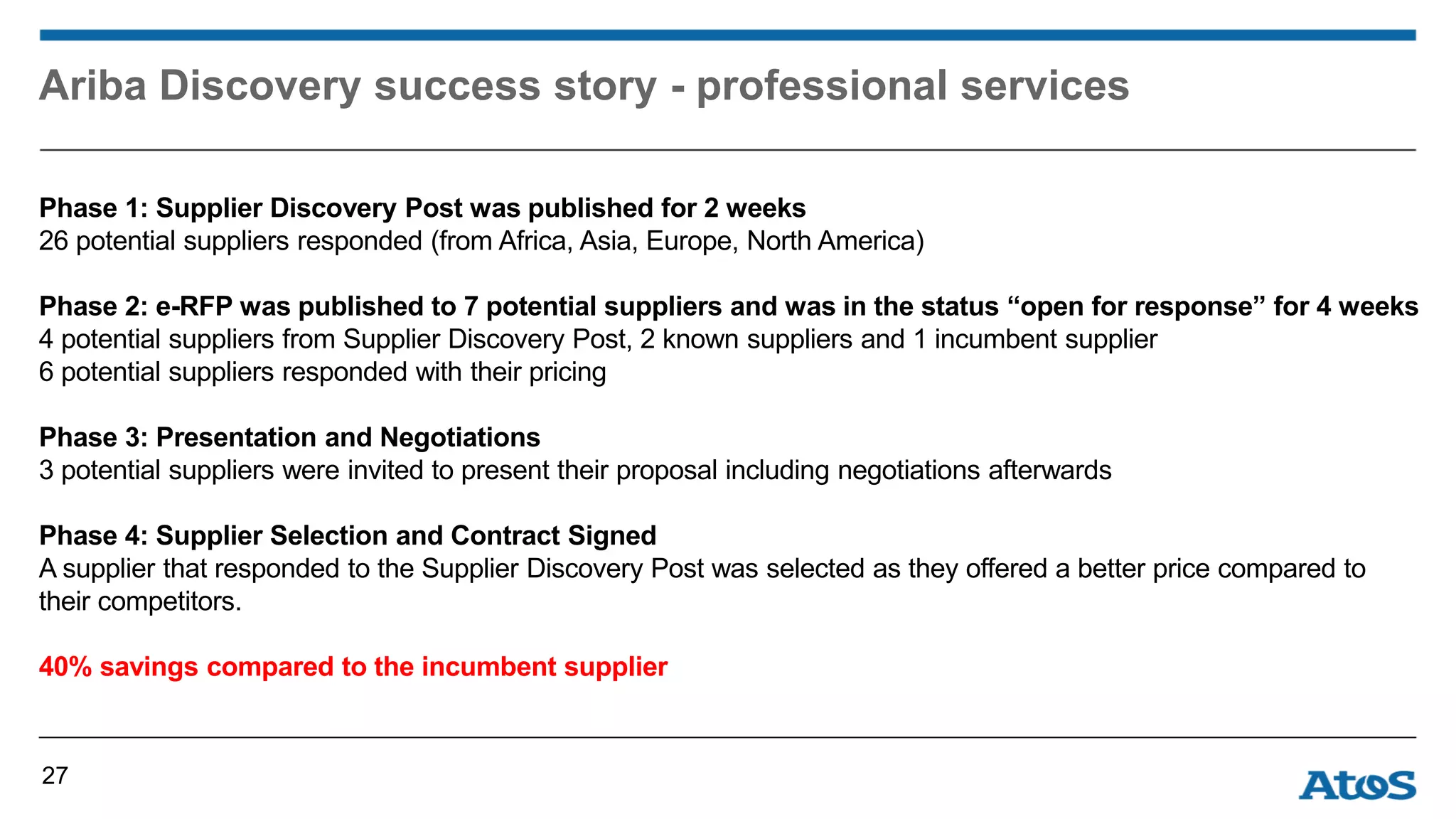 Ariba Discovery success story - professional services
Phase 1: Supplier Discovery Post was published for 2 weeks
26 potential suppliers responded (from Africa, Asia, Europe, North America)
Phase 2: e-RFP was published to 7 potential suppliers and was in the status “open for response” for 4 weeks
4 potential suppliers from Supplier Discovery Post, 2 known suppliers and 1 incumbent supplier
6 potential suppliers responded with their pricing
Phase 3: Presentation and Negotiations
3 potential suppliers were invited to present their proposal including negotiations afterwards
Phase 4: Supplier Selection and Contract Signed
A supplier that responded to the Supplier Discovery Post was selected as they offered a better price compared to
their competitors.
40% savings compared to the incumbent supplier
27
 