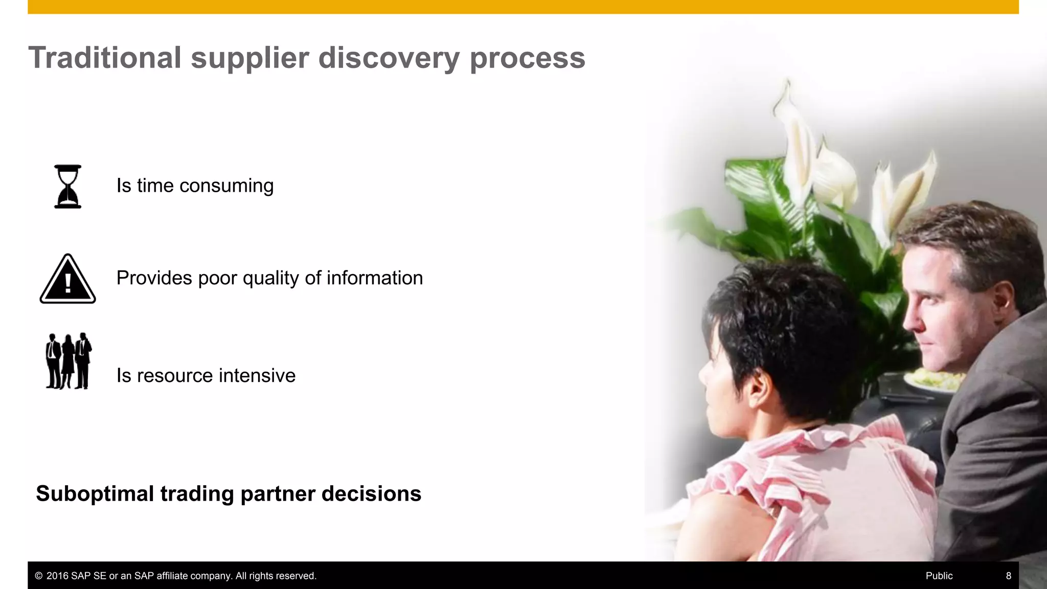 Traditional supplier discovery process
Suboptimal trading partner decisions
Is time consuming
Is resource intensive
Provides poor quality of information
© 2016 SAP SE or an SAP affiliate company. All rights reserved. 8Public
 