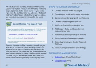 Section 3 - Google+ Marketing
36
+1 activity around your blog. The Social Metrics Pro
Dashboard displays +1 count for all the blog posts and
pages. Optionally, it also allows you to +1 your posts
right from the dashboard. As you get more +1s Social
Metrics Pro Dashboard will start turning green letting
you know that you are performing well in the social
space.
Studying the data, you’ll be in position to easily identify
what works in the social media and what doesn’t. To
advance further, export the reports to Excel and plot
different graphs. This might give you those insights into
your social presence you never realized before. Building
on these insights will help you shape and refine your
social media marketing strategy on an ongoing basis.
STEPS TO SUCCESS ON GOOGLE+
1.	 Create a Personal Profile on Google+
2.	 Complete your profile and organize your circles
3.	 Start sharing and engaging with your followers
4.	 Create a Google+ Page for your Site
5.	 Add Social Sharing Buttons to your site
6.	 Add Google+ Badge and Direct Connect
features to your site
7.	 Implement authorship markup on your site
8.	 Run contests and Giveaways on Google+
9.	 Optionally promote your Google+ Page with
AdWords
10.	Measure, analyze and refine your strategy
THE GAME CHANGING TOOLS
•	 GetSocial WordPress Plugin (Free)
•	 Google+ Badge (Free)
 