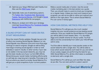 Summary
44
19.	Optimize your blog’s RSS feed with Feedburner.
Also use the RSS Footer plugin.
20.	Optionally make use of advertising options.
Try Twitter Ads, Facebook Ads, Sponsored
Tweets, Sponsored Stories, and Google’s Social
Extensions with AdWords campaigns.
21.	Measure, analyze and refine your strategy.
Leverage Social Metrics Pro, Facebook Insights,
Google Webmaster Tools.
A BLIND EFFORT CAN HIT HARD ON ROI.
START MEASURING!
Since the recent Panda updates, Google has put a lot
of effort into tracking Social Signals. Believe it or not,
Social Signals now influence more and more first page
rankings on search engines. Google as well as Bing
have begun tracking social signals in order to rank
websites in search results. In other words, if your site
is not visible in the top social networks, you may not
get the best results out of your current SEO efforts.
Streamlining your social media marketing efforts early
on will help you reap long term benefits. First step is to
find out where you stand currently. Social Metrics Pro
will give you a quick snapshot of your current position.
Make a social media plan of action. Use the social
media marketing plan in the last section as a guide.
Then, you should make it a point to track your progress
on a regular basis. Unless you track and measure your
progress, you will not be able to refine and redirect your
efforts in the right place. This is where Social Metrics
Pro can come in handy again.
HOW CAN SOCIAL METRICS PRO HELP YOU
Social Metrics Pro will give you the much needed
insights into your social presence across leading social
networks. Once you install the Social Metrics Pro plugin,
you will be able to track tweets, likes, +1s, stumbles,
diggs and LinkedIn shares for all your posts. You’ll be
able to do this conveniently from within your WordPress
admin area.
You’ll be able to identify your most popular posts on the
social networks with a single click. You will be able to
know which social networks work best for you and which
of your posts/pages are performing the best for you.
With Social Metrics Pro, all this information is available
on-demand, with a single click.
Social Metrics Pro will let you sort and filter the data
as you like. You can even perform custom search
 
