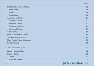 Contents
6
Useful Twitter Apps and Tools   26
TweetAdder  26
Buffer  26
GroupTweet  26
Advertising on Twitter   27
Promoted Tweets  27
Promoted Trends  27
Promoted Accounts  27
Sponsored Tweets  27
Twitter Stats  28
Steps to Success On Twitter   28
The Game Changing Tools   29
More Tips for Twitter Marketing   29
Further Reading  30
GOOGLE+ MARKETING  �����������������������������������������������������������������������������������������������������������������������������������  31
Google+ Is Here to Stay   32
Google+ Basics  32
Circles  32
Posts and Shares   32
 