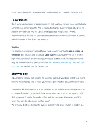 13
tantly, these plugins will clear your cache on schedule without manual input from you!
Heavy Images
DSLR camera pictures and images are great. In fact, no phone camera image quality beats
a professional camera’s quality. And of course, the highest quality images set a great im-
pression on visitors, so why not upload the biggest size images, right? Wrong.
A common rookie mistake site owners make is to upload full-resolution images in droves,
and all that does is slow down their websites.
Solution:
The solution is simple: don’t upload heavy images, and if you have to, use an image op-
timization tool. You can also use a Lazy Load plugin on your WordPress site if you feel
high-resolution images are crucial to your website, and that loads resources only when
they are needed instead of pre-loading them. BJ Lazy Load, Rocket Lazy Load, and Ajax
Lazy Load are great plugins for this purpose.
Your Web Host
A bad hosting makes a bad website. It’s as simple as that. If your base isn’t strong, no mat-
ter what measures you take to make your website perform at its best, nothing will work.
Ecommerce websites are mostly at the receiving end of sufferings due to below-par host-
ing service. Especially during the holiday season when they experience a surge in traffic,
their servers can’t handle the load and their websites go down. Who would want that
when they want to set a record for their sales?
We probably don’t need to say this by now, but there’s no other solution to this but to…
 