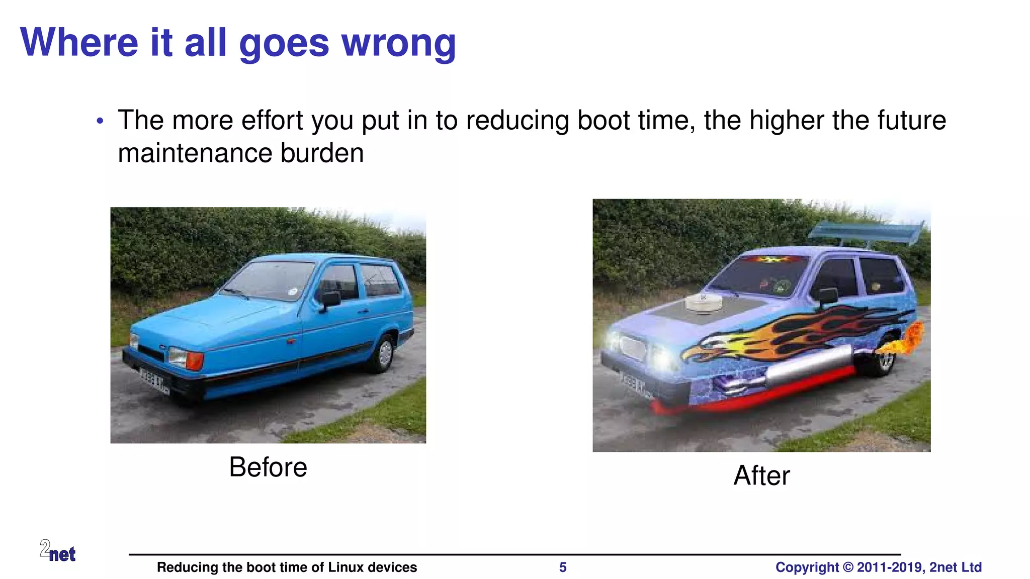 Where it all goes wrong
• The more effort you put in to reducing boot time, the higher the future
maintenance burden
Before After
Reducing the boot time of Linux devices 5 Copyright © 2011-2019, 2net Ltd
 