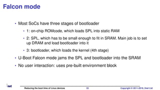 Falcon mode
• Most SoCs have three stages of bootloader
• 1: on-chip ROMcode, which loads SPL into static RAM
• 2: SPL, wh...
