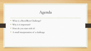 Agenda
• What is a Boot2Root Challenge?
• Why is it important?
• How do you start with it?
• A small interpretation of a challenge
 
