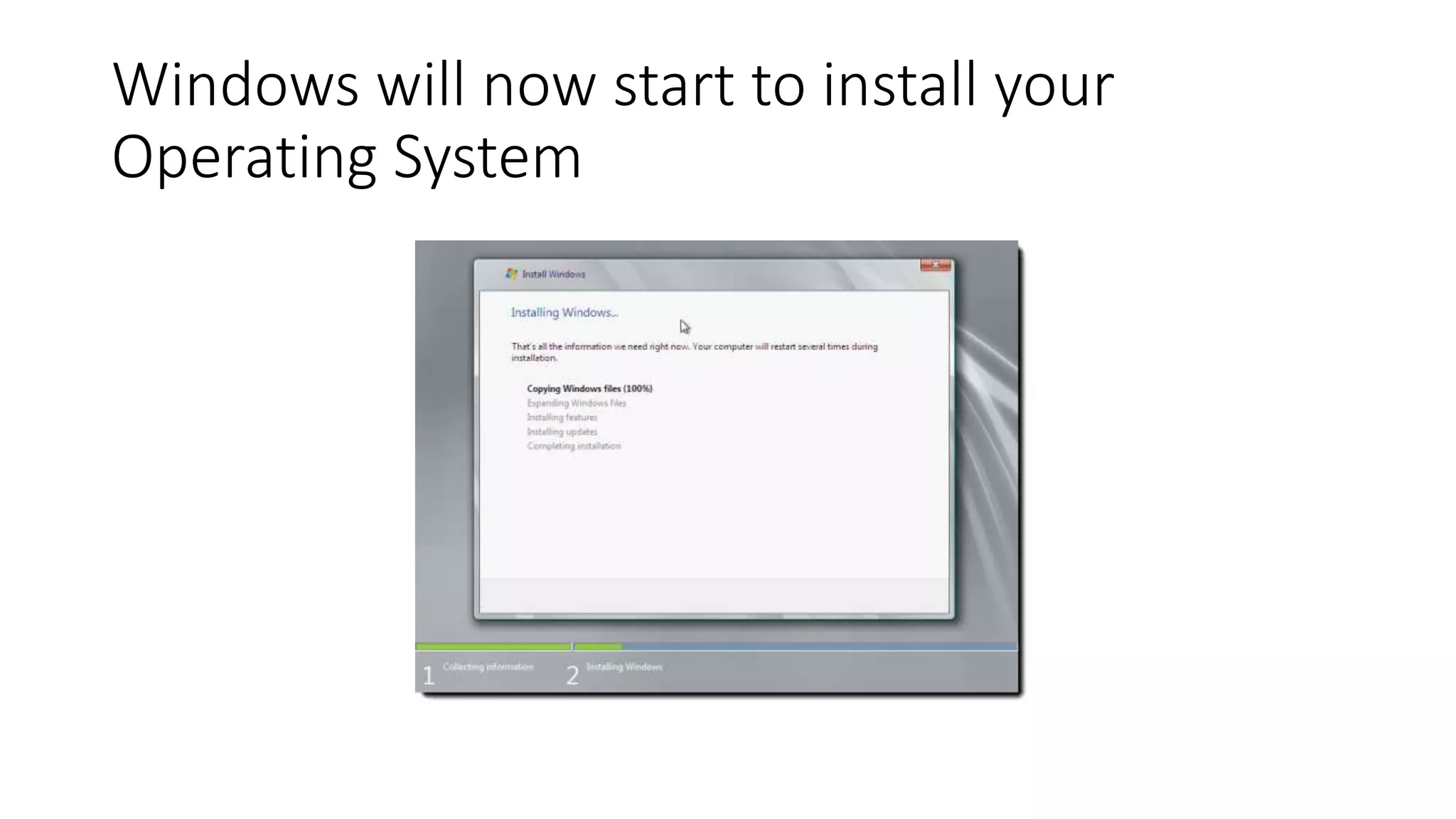 Windows will now start to install your
Operating System
 