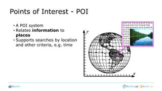 Points of Interest - POI
• A POI system
• Relates information to
places
• Supports searches by location
and other criteria, e.g. time
 