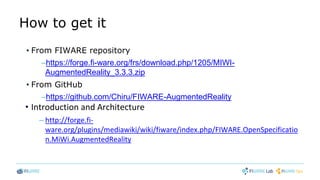 How to get it
• From FIWARE repository
–https://forge.fi-ware.org/frs/download.php/1205/MIWI-
AugmentedReality_3.3.3.zip
• From GitHub
–https://github.com/Chiru/FIWARE-AugmentedReality
• Introduction and Architecture
– http://forge.fi-
ware.org/plugins/mediawiki/wiki/fiware/index.php/FIWARE.OpenSpecificatio
n.MiWi.AugmentedReality
 