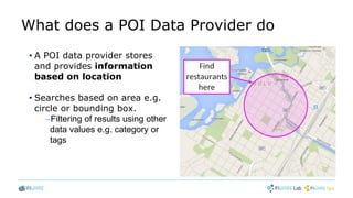 What does a POI Data Provider do
• A POI data provider stores
and provides information
based on location
• Searches based on area e.g.
circle or bounding box.
–Filtering of results using other
data values e.g. category or
tags
 